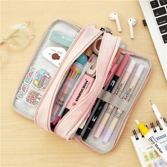 Pink Large Capacity Pencil Case, High Quality for Teen Girl Boy - Picture 8 of 10